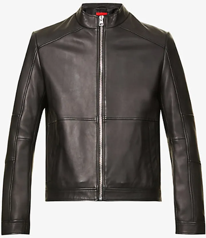 Mens Black Band-collar Regular-fit Leather Jacket