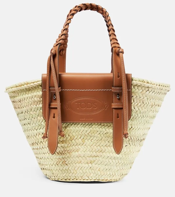 Leather-trimmed raffia tote bag