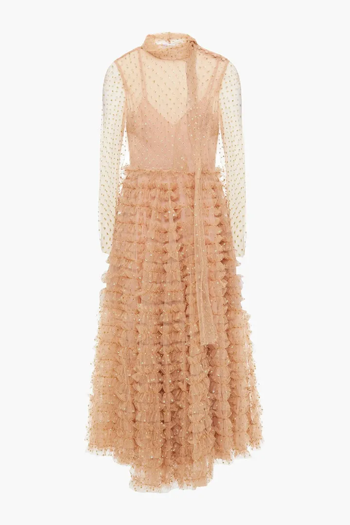Tie-neck ruffled glittered tulle midi dress