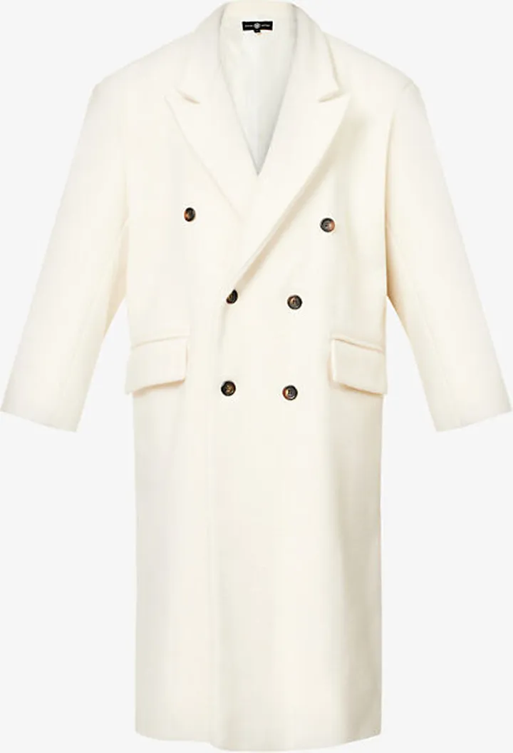 Womens Off White Padded-shoulder Double-breasted Wool Coat