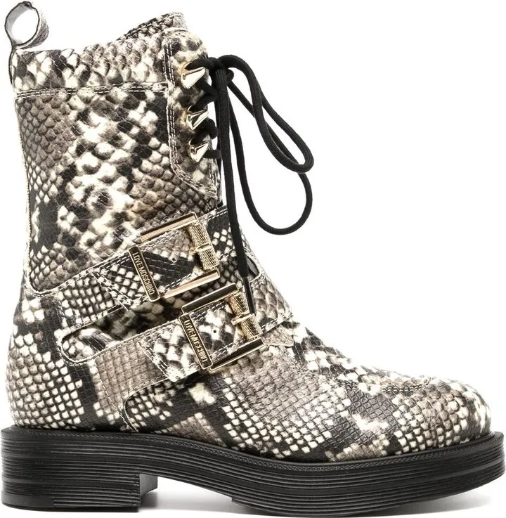 Snakeskin-Effect Combat Boots