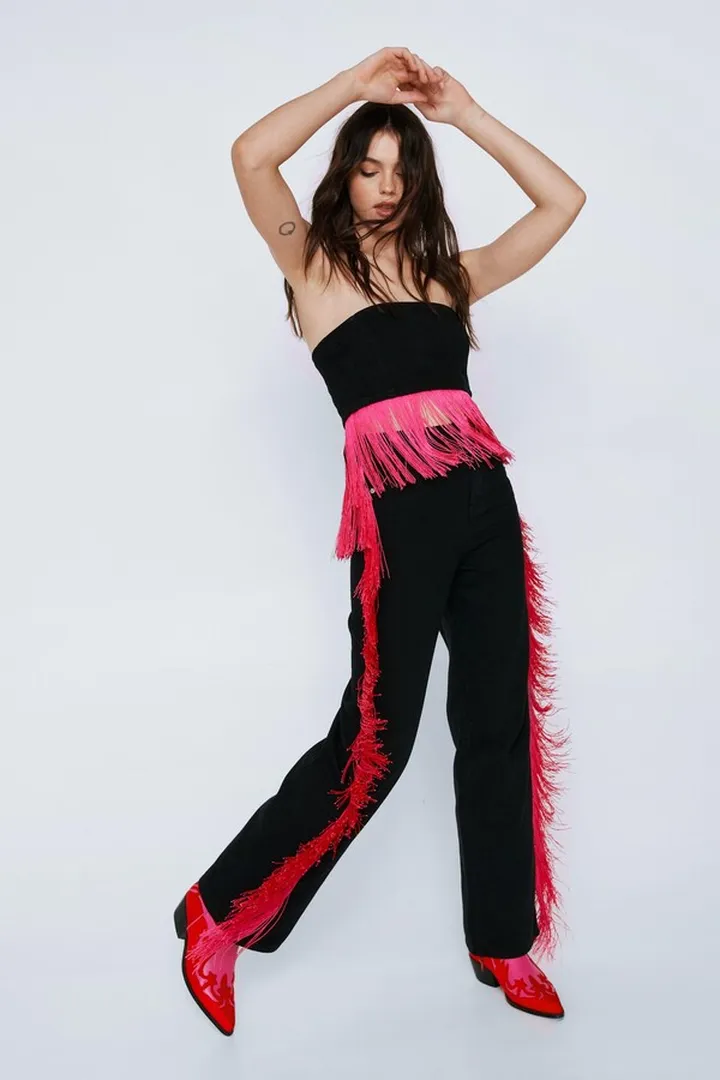 Nasty Gal Womens Twill Fringe Detail Straight Leg Mid Rise Pants