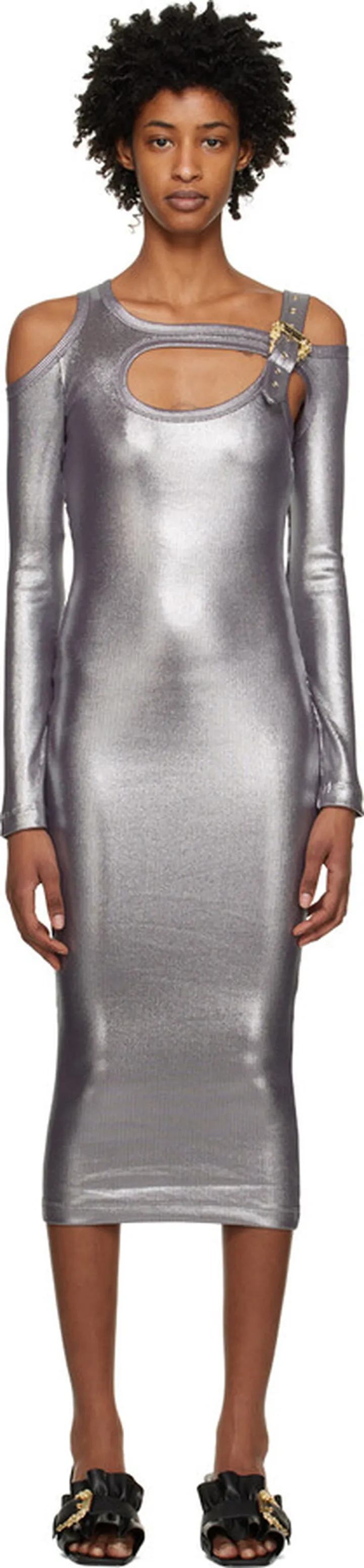 Versace Jeans Couture Silver Baroque Buckle Midi Dress