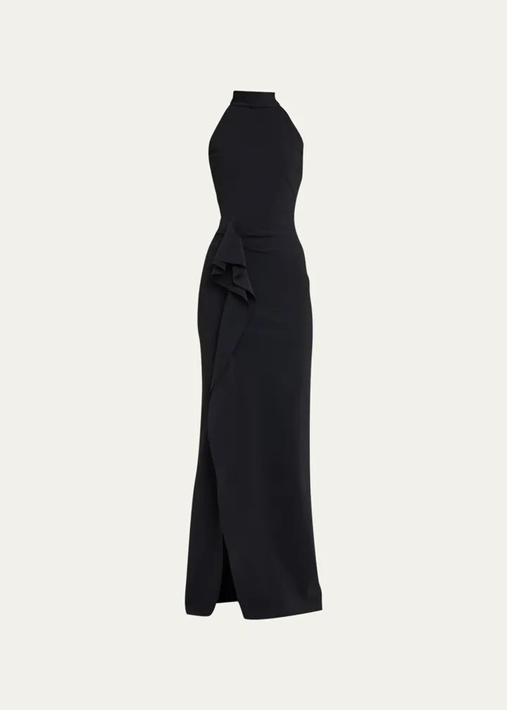 Gushana Sleeveless Ruffle Jersey Halter Gown
