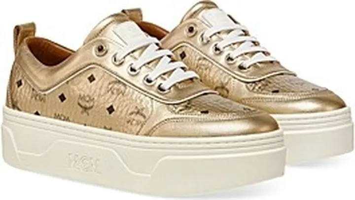 Mcm Women's Skyward Logo Print Gold Platform Sneakers