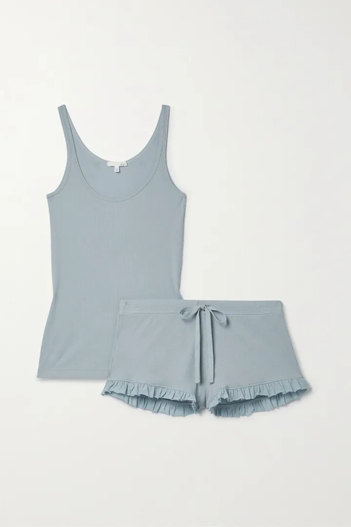 Skin - Raisa Raffaela Ribbed Pima Cotton-jersey Tank And Shorts Set - Blue