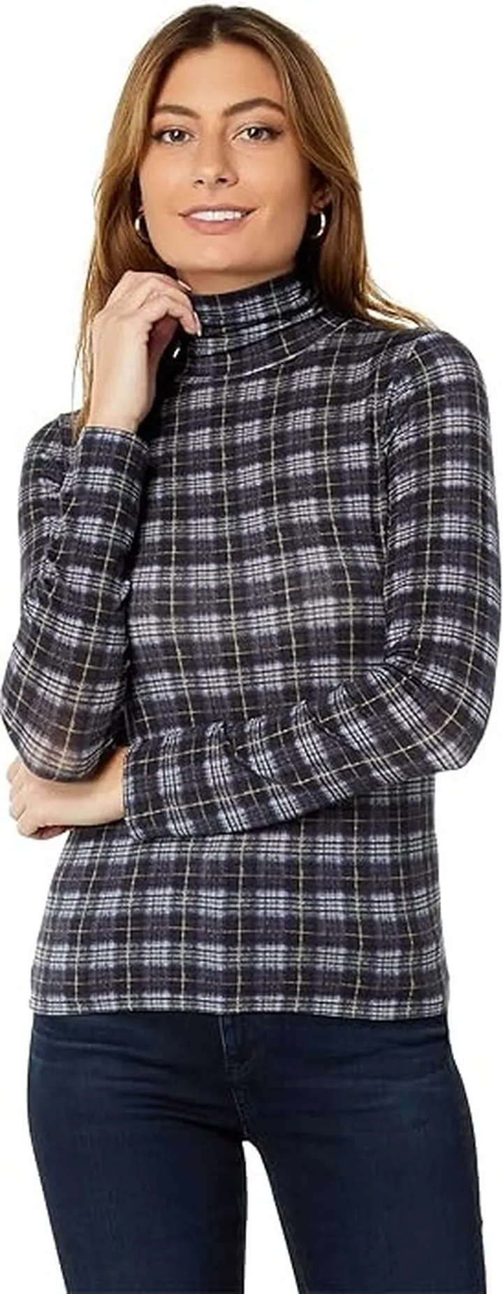 Vince Plaid Printed Long Sleeve Turtleneck Top (Coastal) Women's Blouse