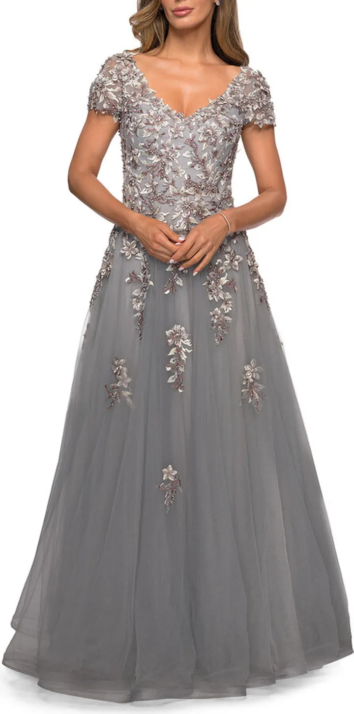 Beaded Lace Applique Short Sleeve A-line Gown