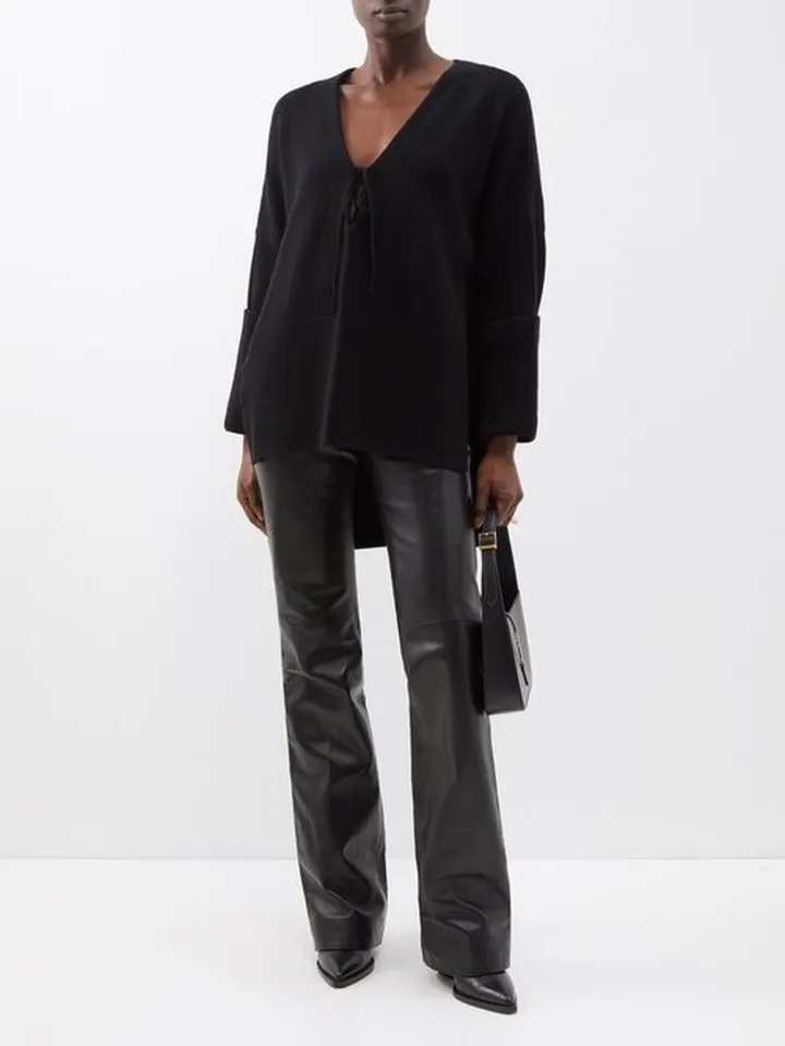 Lace-up V-neck Cashmere-blend Knit Top