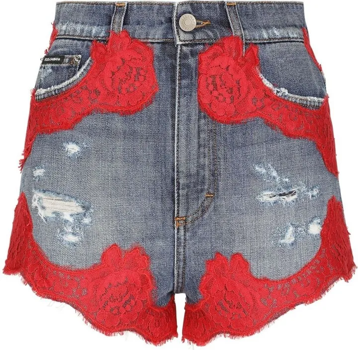 Floral-Lace Denim Shorts