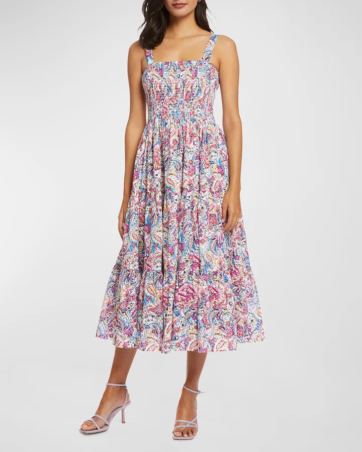 Sophie Smocked Paisley-Print Midi Dress