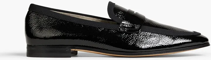 Grosgrain-trimmed crinkled patent-leather loafers
