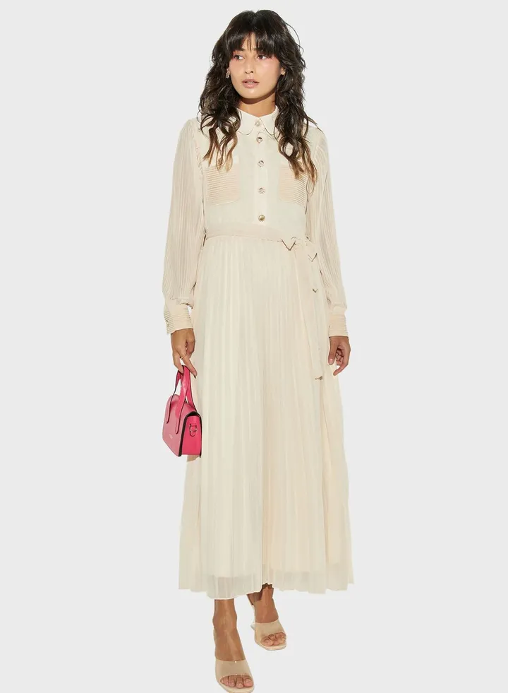 Tie Pocket Detailed Plisse Dress