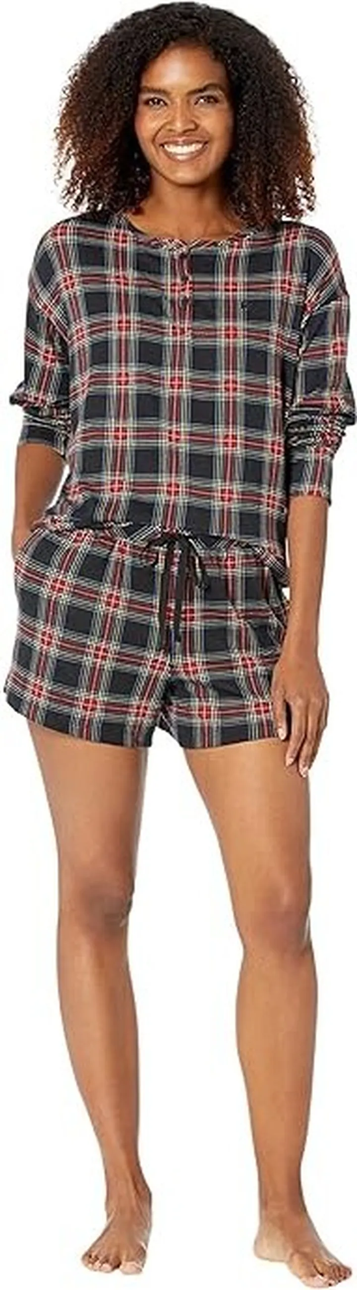 LAUREN Ralph Lauren Long Sleeve Henley Boxer PJ Set (Black Plaid) Women's Pajama Sets