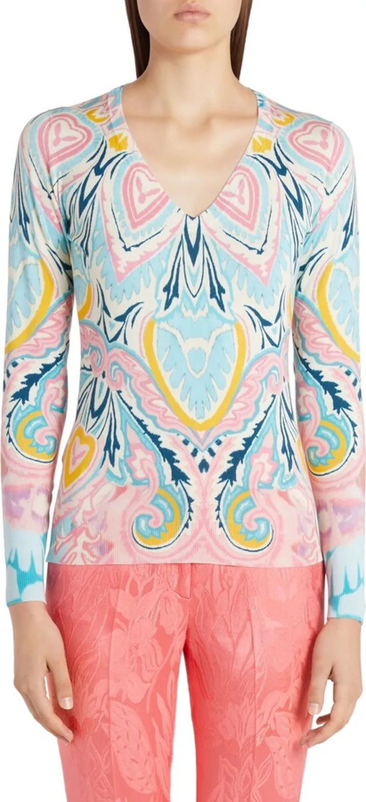 Floral Hearts V-Neck Stretch Silk Sweater