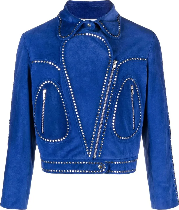 Blue Studded Suede Biker Jacket