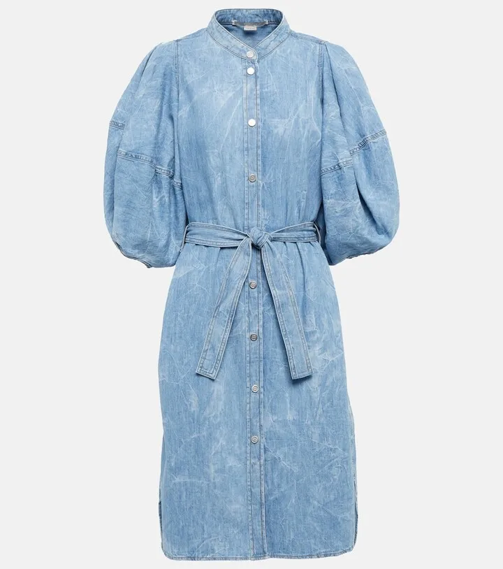 Puff-sleeve denim shirt dress