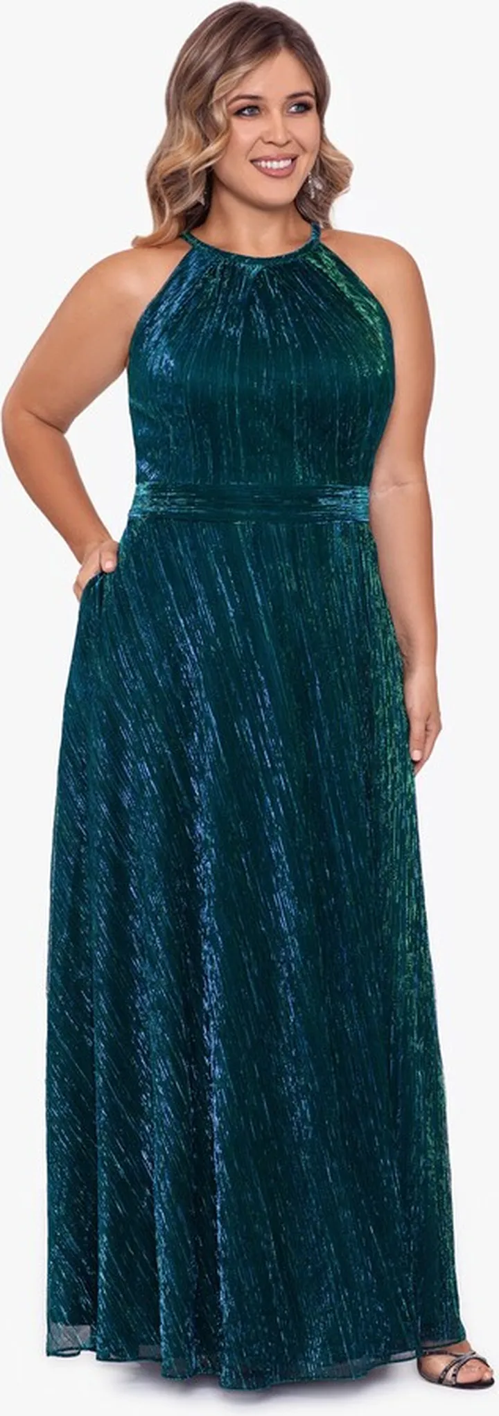 Long Halter Metallic Crinkle Dress