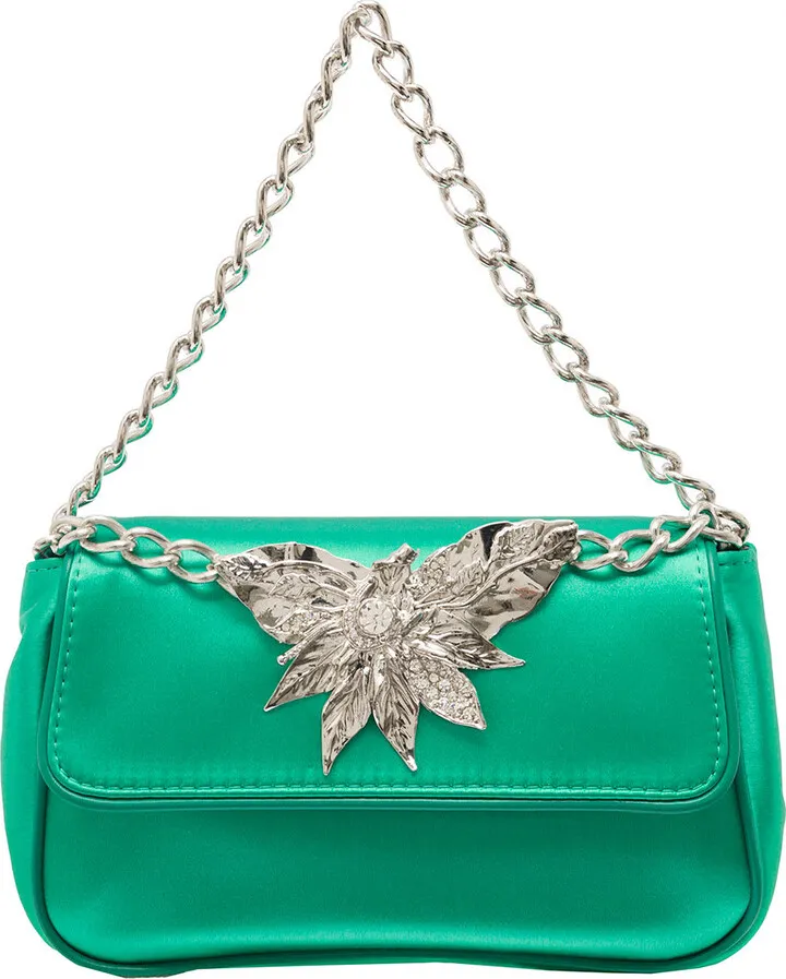 Green Crystal Embellished Shoulder Bag In Satin Woman