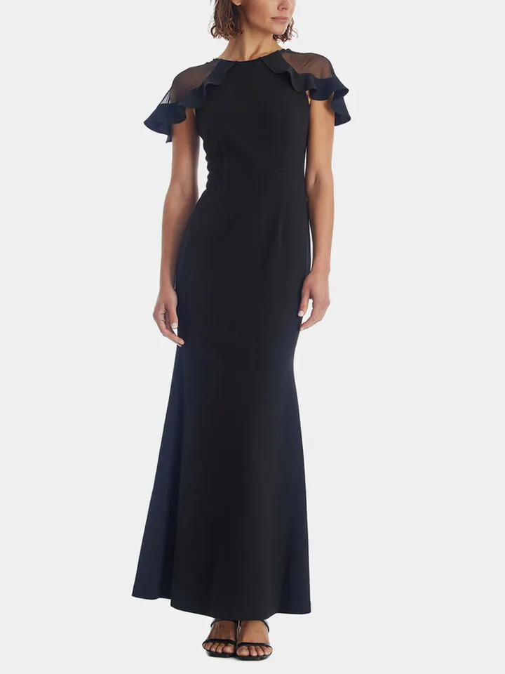 Crew Neck Ruffle Shoulder Long Dress