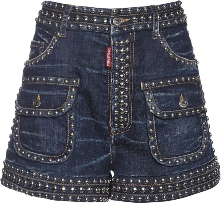 Low rise studded baggy denim shorts