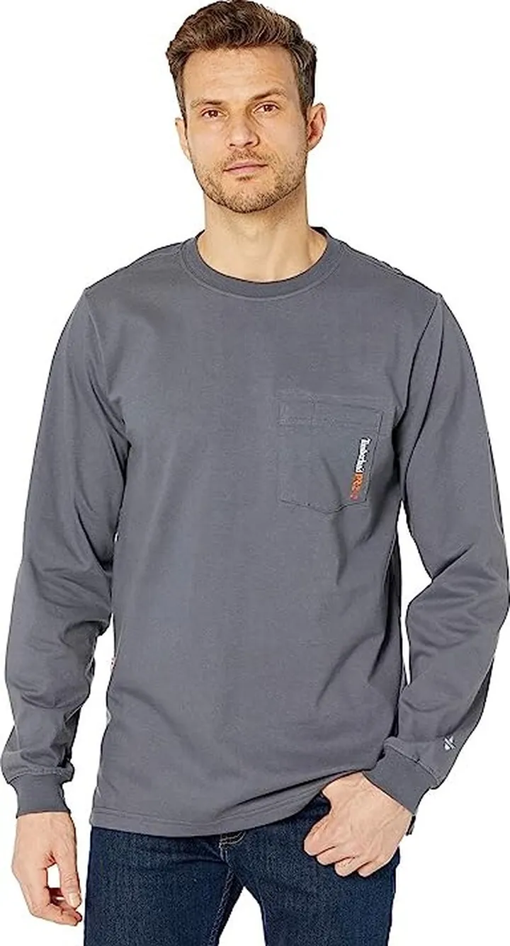 Timberland PRO FR Cotton Core Long Sleeve Pocket T-Shirt with Logo (Charcoal) Men's Clothing