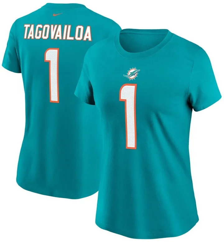 Women's Tua Tagovailoa Aqua Miami Dolphins Name Number T-shirt