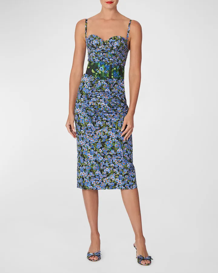 Floral Print Ruched Sweetheart Midi Dress