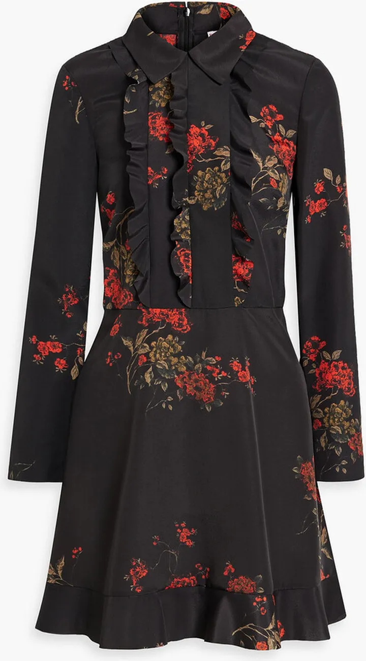 Ruffled floral-print crepe de chine mini shirt dress