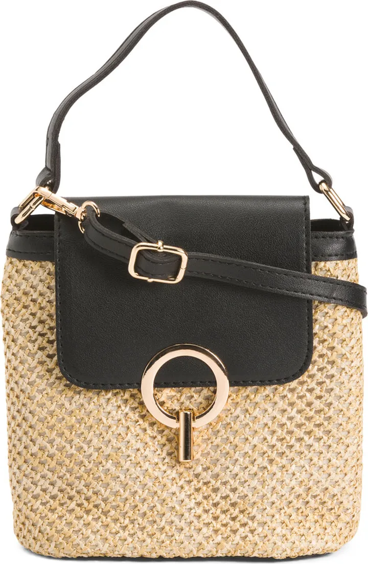 Raffia Bucket Bag With Crossbody Strap
