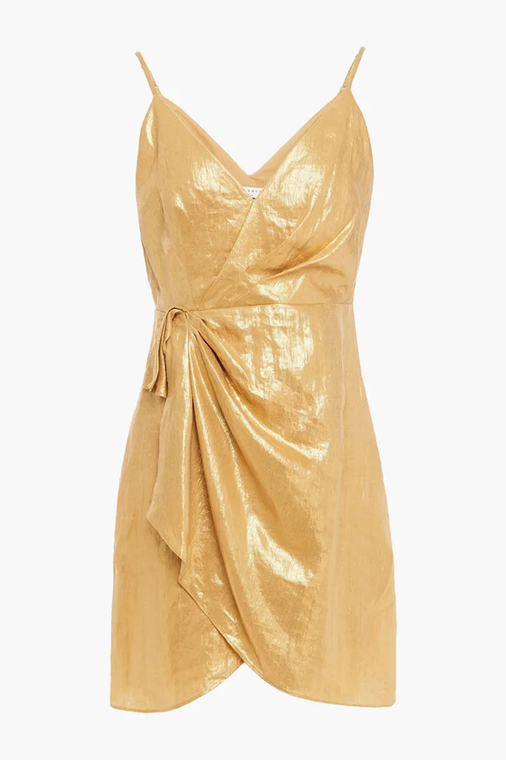 Wrap-effect draped metallic linen mini dress