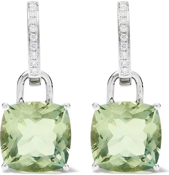 18kt white gold Kiki Classics cushion cut green amethyst and detachable diamond hoop earrings