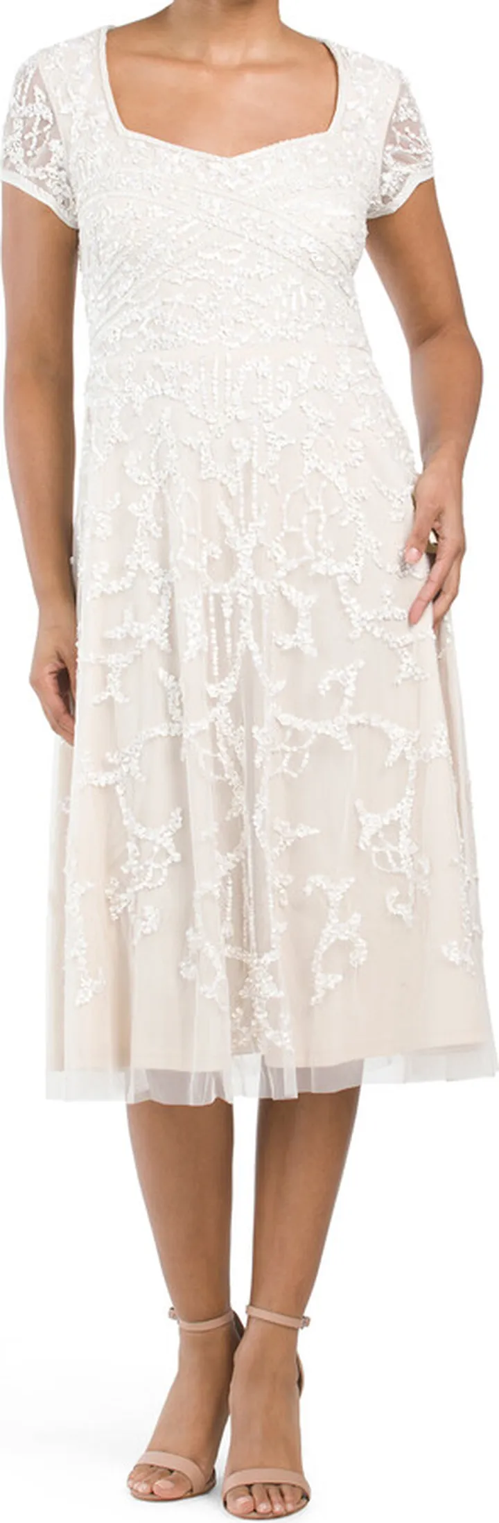 Hand Beaded Short Sleeve Fit And Flare Cocktail Dress
