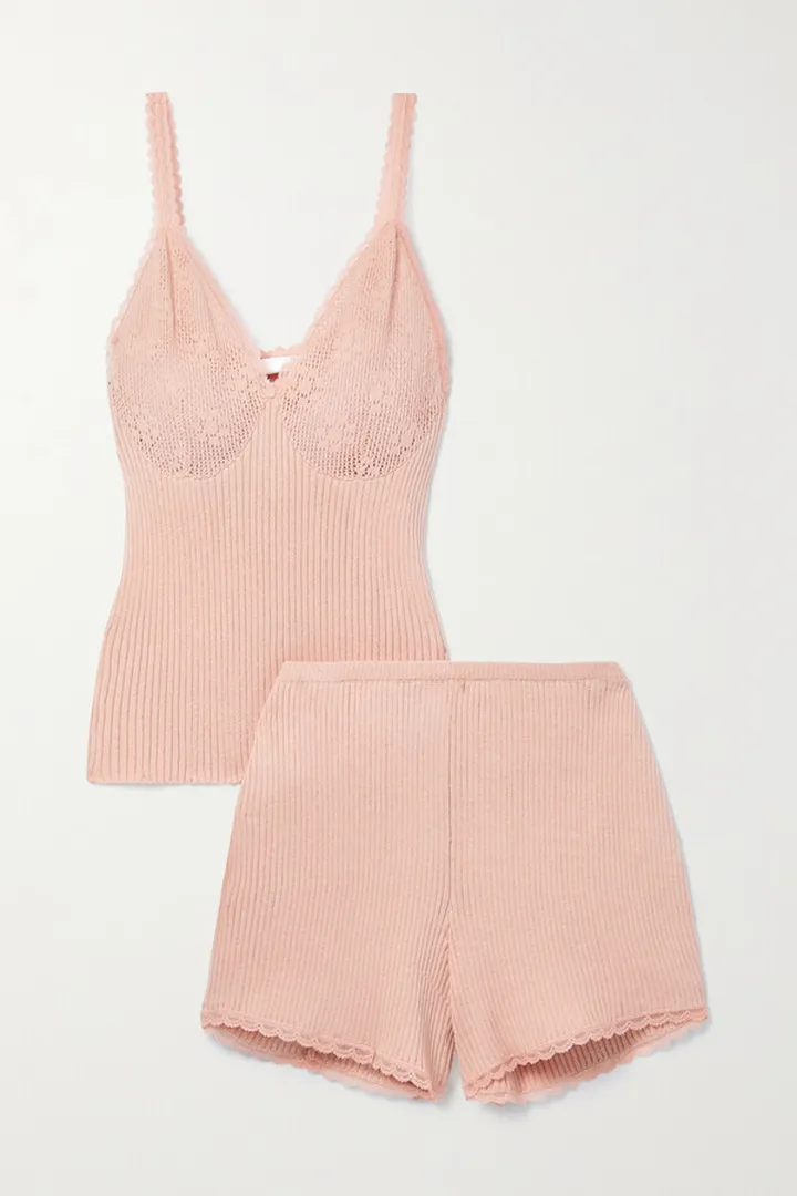 Skin - Daia Deborah Crocheted Lace-trimmed Ribbed Cotton Pajama Set - Pink