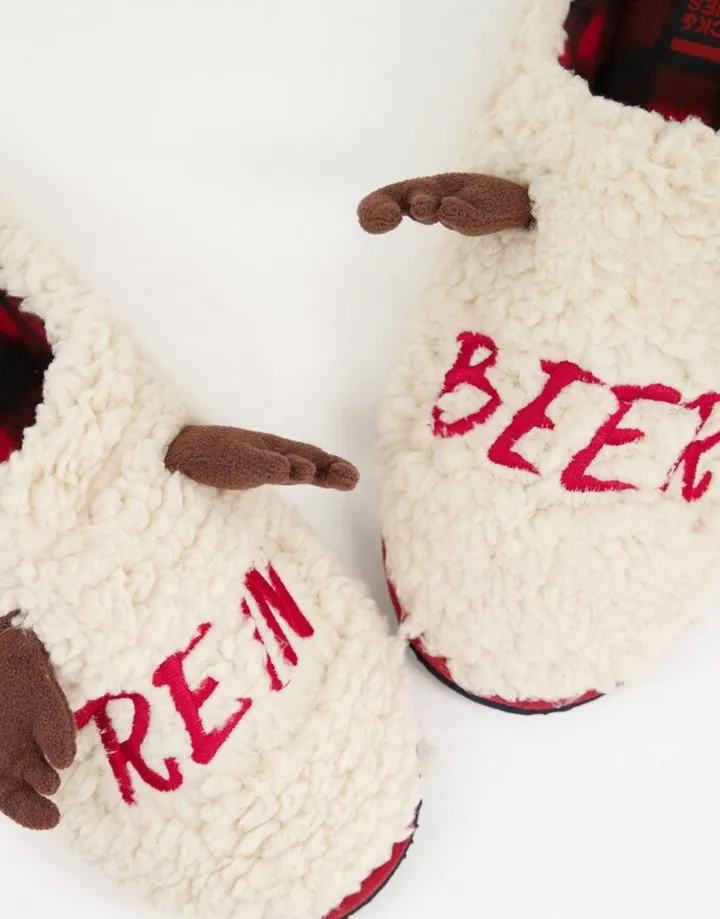 Jack & Jones borg reindeer Christmas slippers in beige