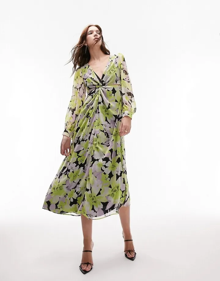 Topshop long sleeve twist cut out midi dress in floral print
