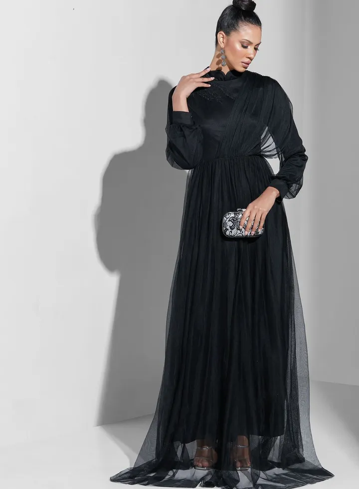 Embroidered Tulle Detail Dress