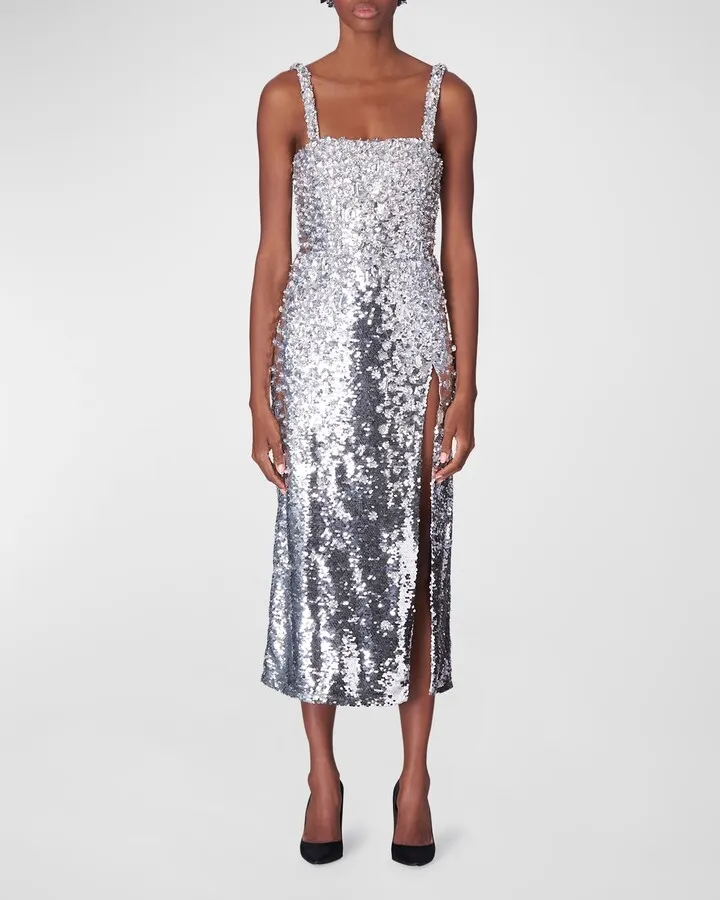 Floral Sequin Embroidered Thigh-Slit Midi Dress