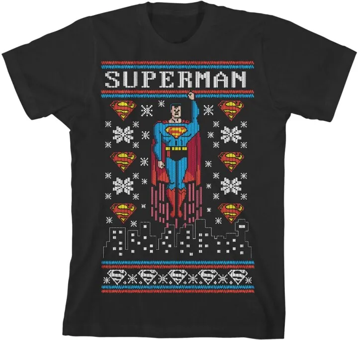 Superman Christmas Youth Black Graphic Tee-Small