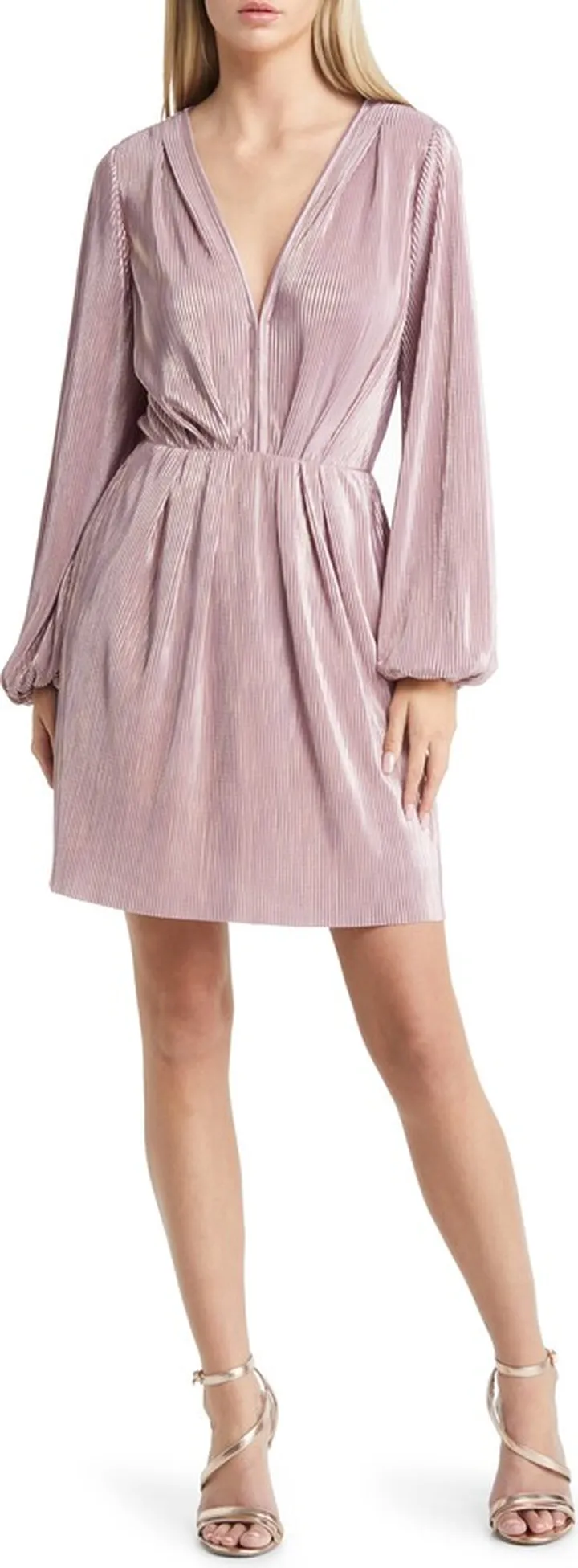 Long Sleeve Shiny Plissé Minidress