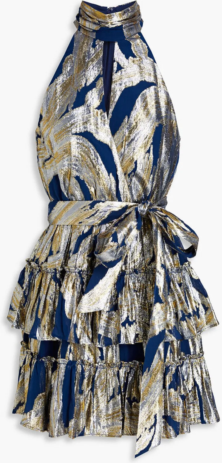 Navarro tiered metallic fil coupé silk-blend chiffon mini dress