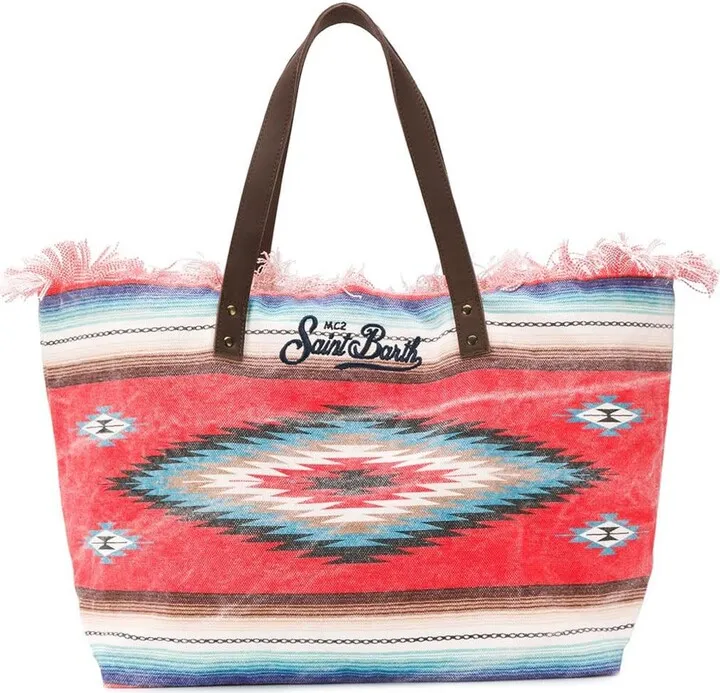 Red Navajo Print Fringed Canvas Bag