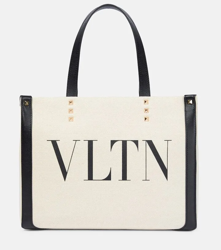 VLTN Mini leather-trimmed canvas tote