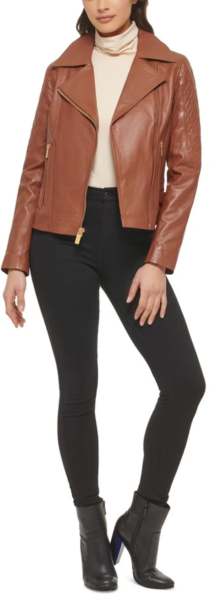 Guess Women's Quilted-Sleeve Leather Moto Coat
