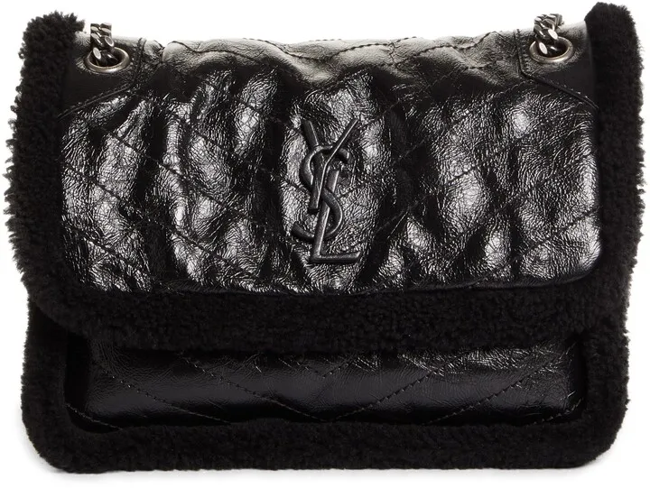 Medium Niki Genuine Shearling Trim Leather Shoulder Bag