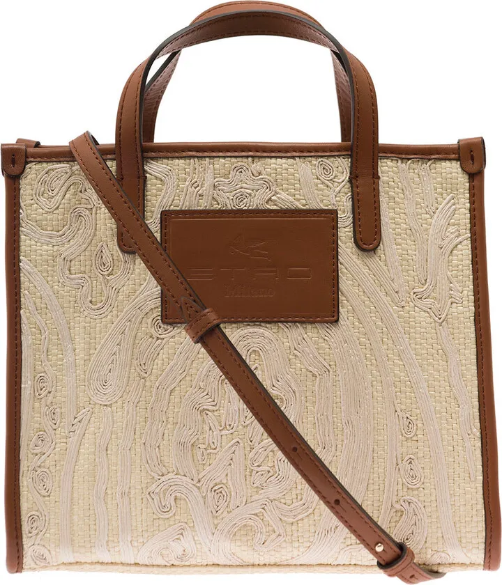 'globetrotter' Beige Shopper Bag With Shoulder Strap And Paisley Motif Embroidery In Raffia And Leather Woman