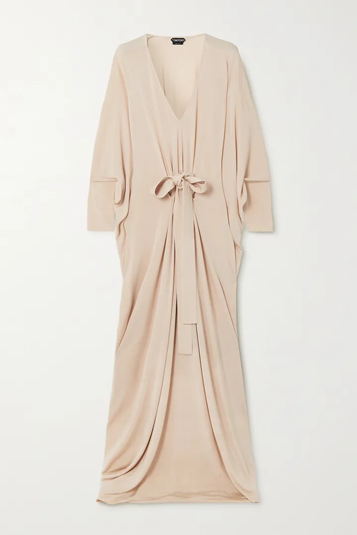 TOM FORD - Belted Velvet-trimmed Silk-jersey Gown - Neutrals