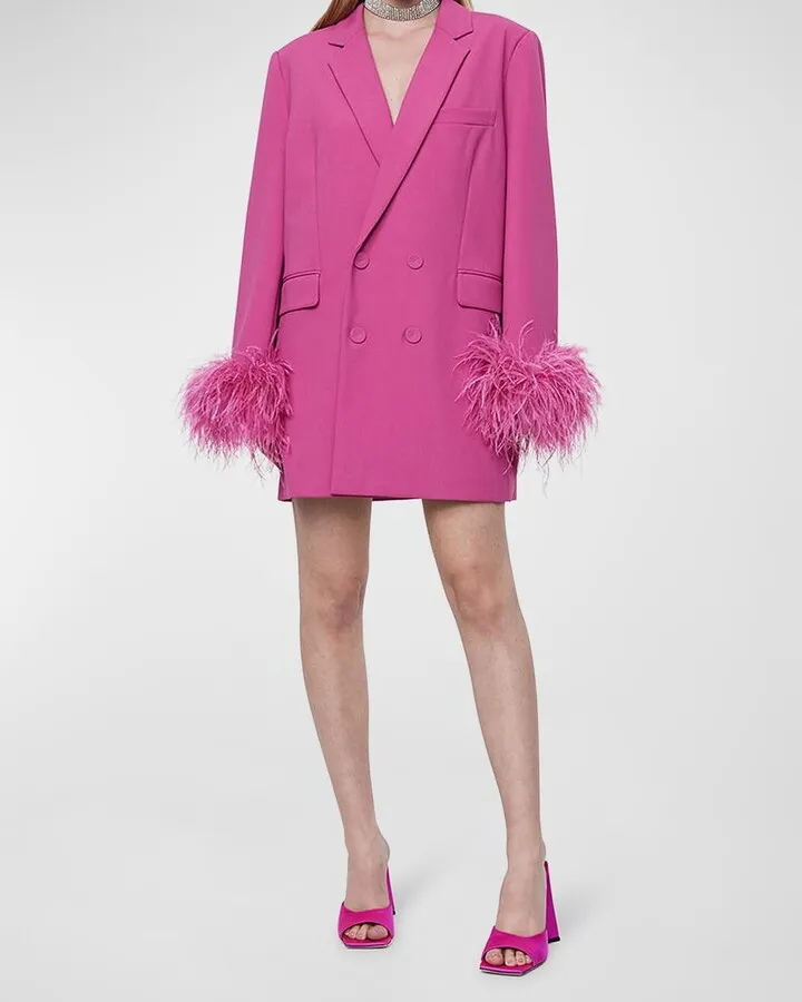 Lincoln Feather-Cuffs Double-Breasted Mini Blazer Dress