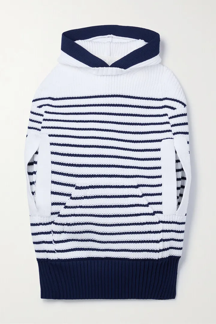 Sacai - Hooded Striped Ribbed-knit Cape - Off-white