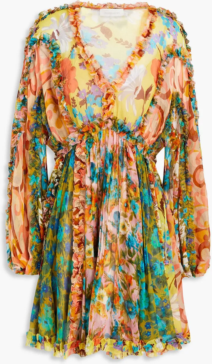 Gathered floral-print crepon mini dress
